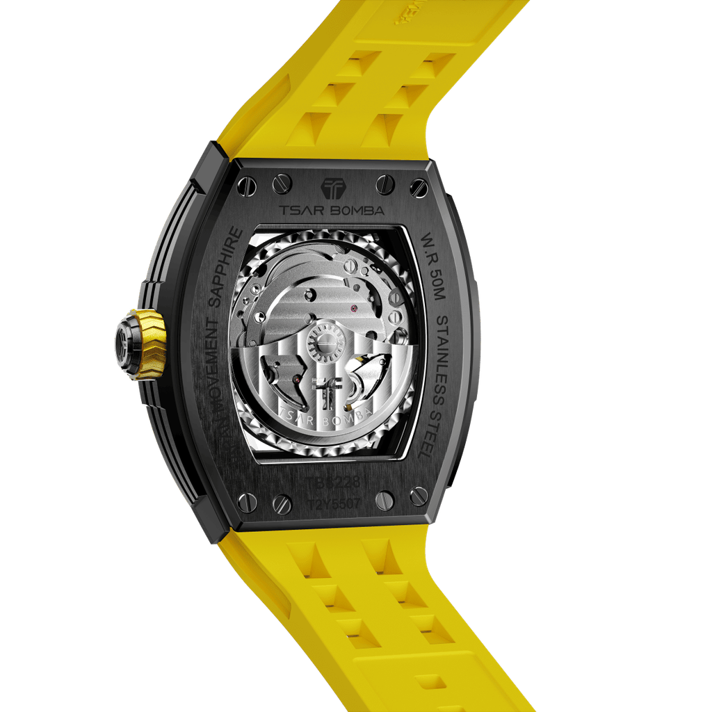 Tsar Bomba 機械公爵 | TB8228A-05 | 黑色不鏽鋼錶框機械透視機芯 黃色矽膠錶帶背面