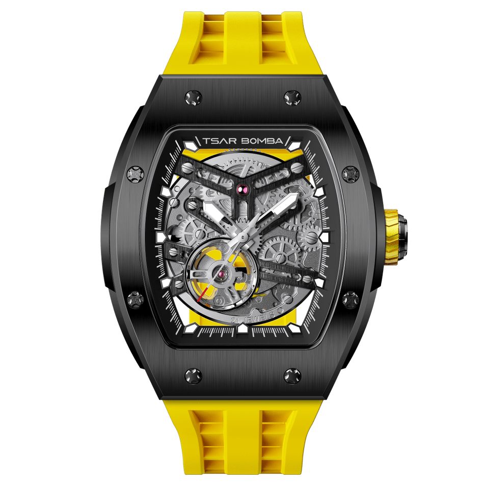 Tsar Bomba 機械公爵 | TB8228A-05 | 黑色不鏽鋼錶框機械透視機芯 黃色矽膠錶帶正面