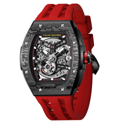 機械公爵 | 元素系列 TB8228CF-02 | 自動上鍊 黑色碳纖維錶殼 紅色矽膠錶帶 機械錶 側面