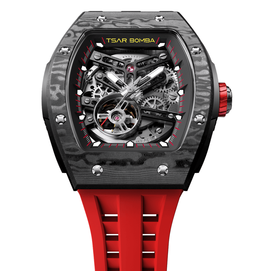 機械公爵 | 元素系列 TB8228CF-02 | 自動上鍊 黑色碳纖維錶殼 紅色矽膠錶帶 機械錶 錶面細節