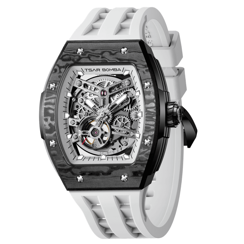 機械公爵 | 元素系列 TB8228CF-03 | 自動上鍊 黑色碳纖維錶殼 白色矽膠錶帶 機械錶側面