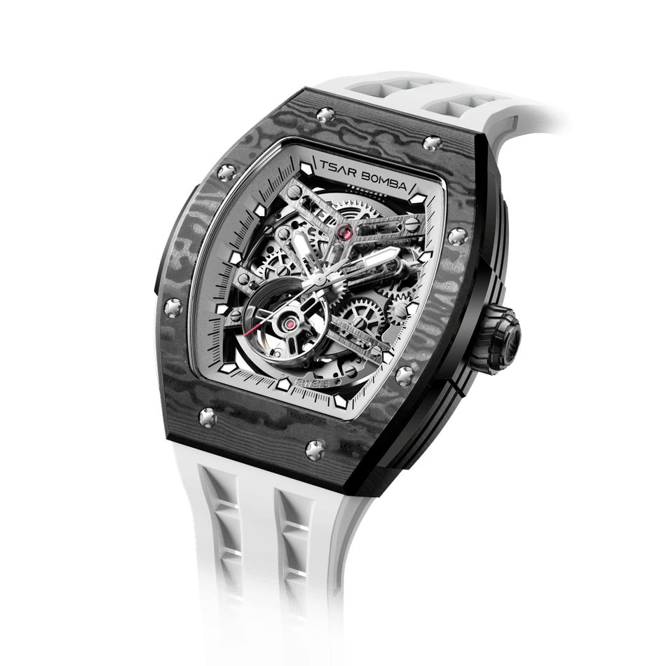 機械公爵 | 元素系列 TB8228CF-03 | 自動上鍊 黑色碳纖維錶殼 白色矽膠錶帶 機械錶右側細節