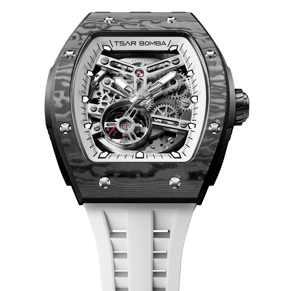 機械公爵 | 元素系列 TB8228CF-03 | 自動上鍊 黑色碳纖維錶殼 白色矽膠錶帶 機械錶錶面細節