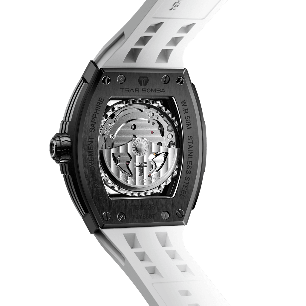 機械公爵 | 元素系列 TB8228CF-03 | 自動上鍊 黑色碳纖維錶殼 白色矽膠錶帶 機械錶背面