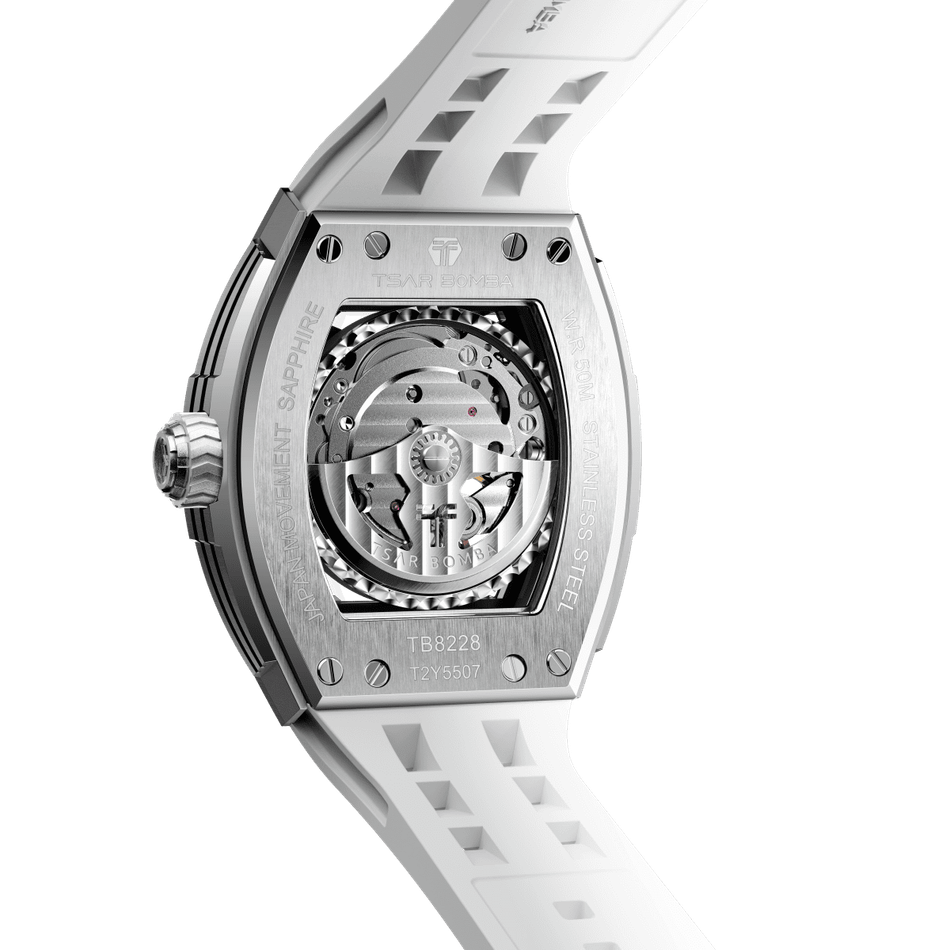 機械公爵 | 元素系列 TB8228CF-04 | 自動上鍊 白色碳纖維錶殼 矽膠錶帶 機械錶背面