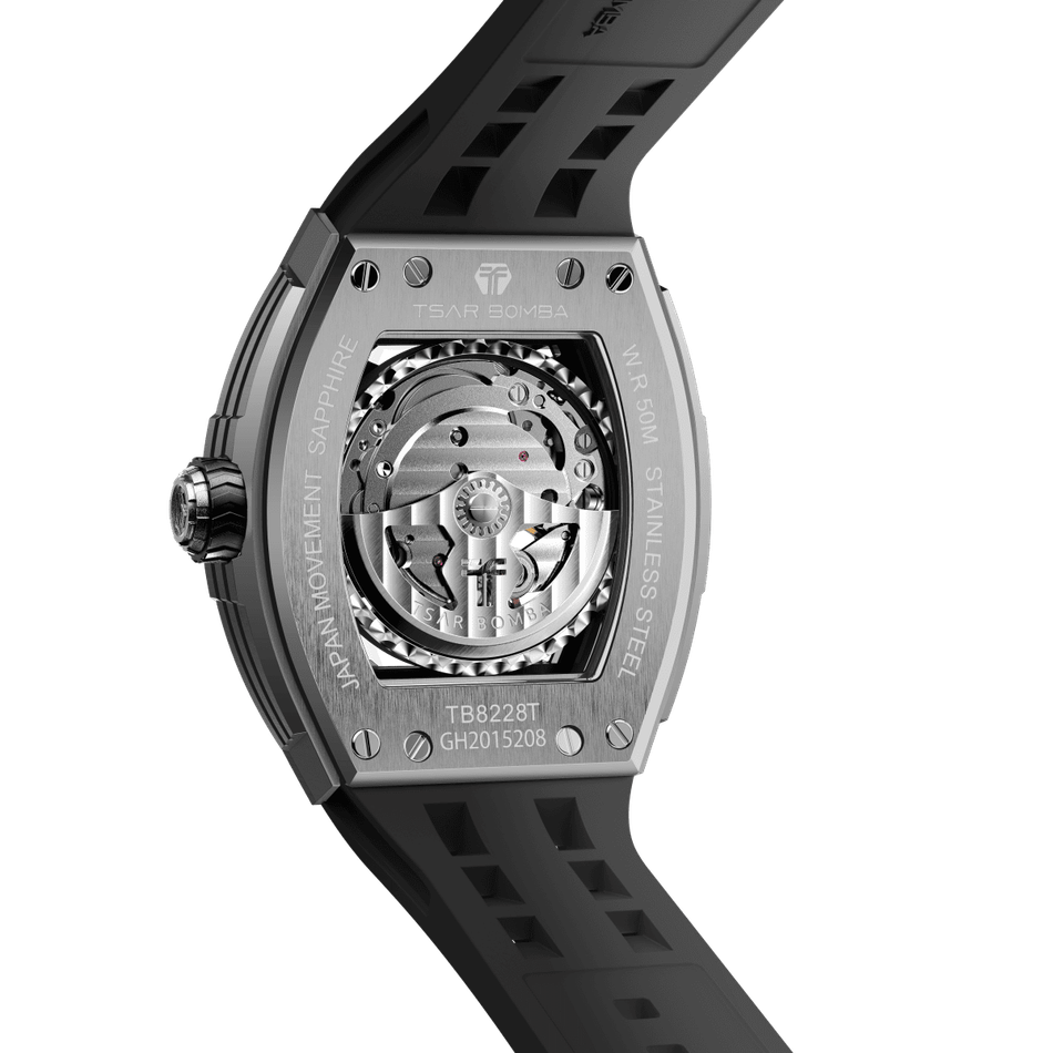 機械公爵 | 元素系列 TB8228T-01 | 元素鈦 金屬材質機械鏤空機芯 黑色矽膠錶帶 機械錶背面