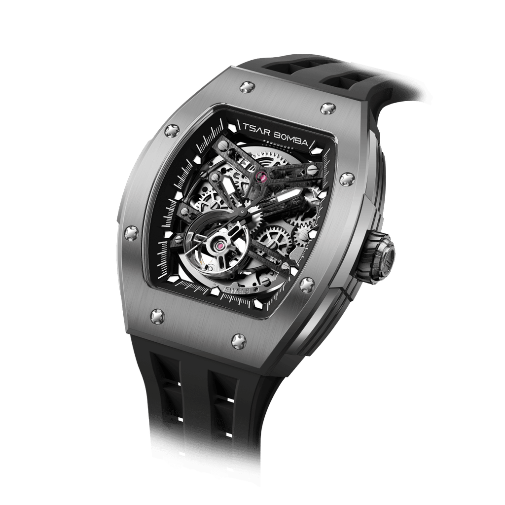 機械公爵 | 元素系列 TB8228T-01 | 元素鈦 金屬材質機械鏤空機芯 黑色矽膠錶帶 機械錶 錶面細節