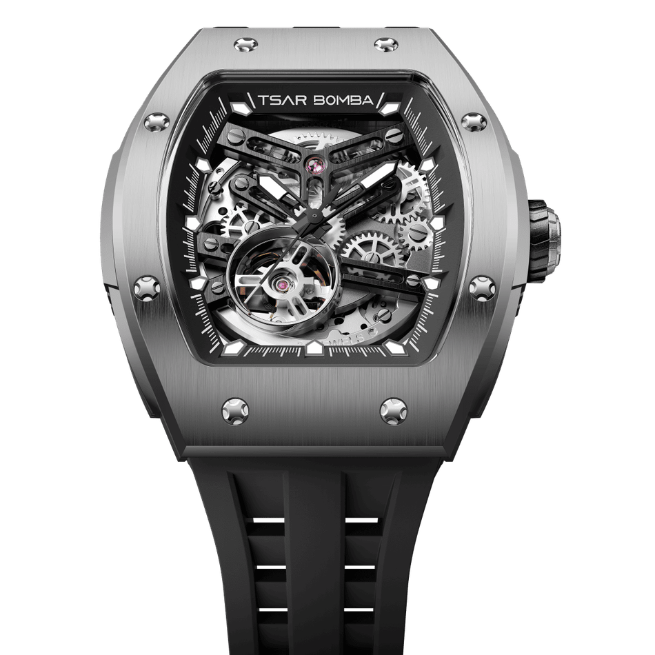 機械公爵 | 元素系列 TB8228T-01 | 元素鈦 金屬材質機械鏤空機芯 黑色矽膠錶帶 機械錶錶面細節