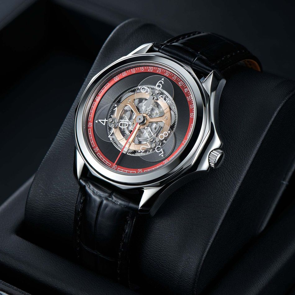 OBLVLO｜DK-STA-YRB｜銀框黑面 鏤空機械腕錶 黑色皮革錶帶 男錶 測面展示