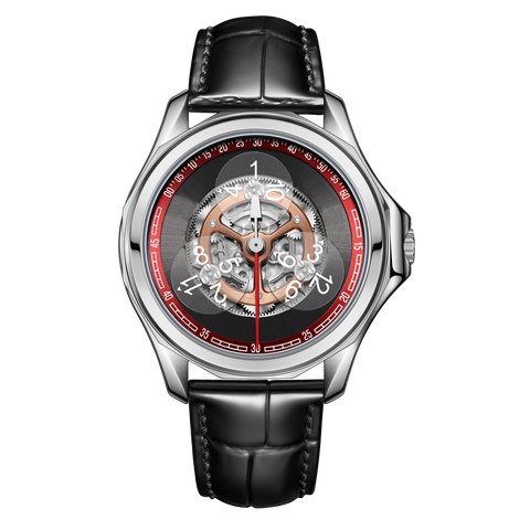 OBLVLO｜DK-STA-YRB｜銀框黑面 鏤空機械腕錶 黑色皮革錶帶 男錶 正面