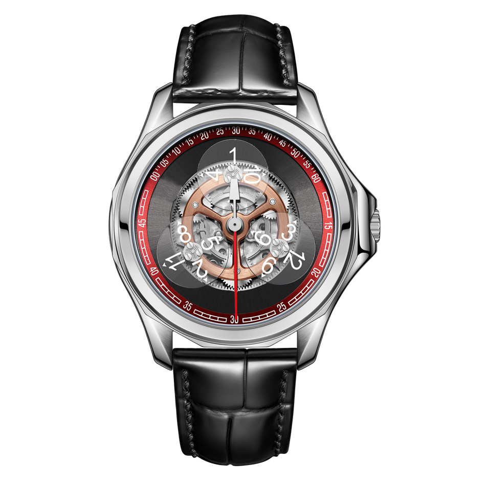 OBLVLO｜DK-STA-YRB｜銀框黑面 鏤空機械腕錶 黑色皮革錶帶 男錶 正面