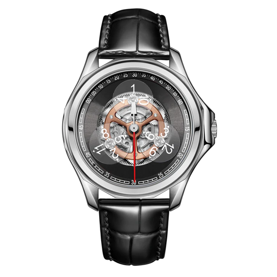 OBLVLO｜DK-STA-YBB｜銀框黑面 鏤空機械腕錶 黑色皮革錶帶 男錶正面