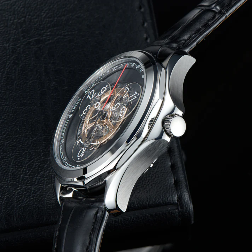 OBLVLO｜DK-STA-YBB｜銀框黑面 鏤空機械腕錶 黑色皮革錶帶 男錶右側細節