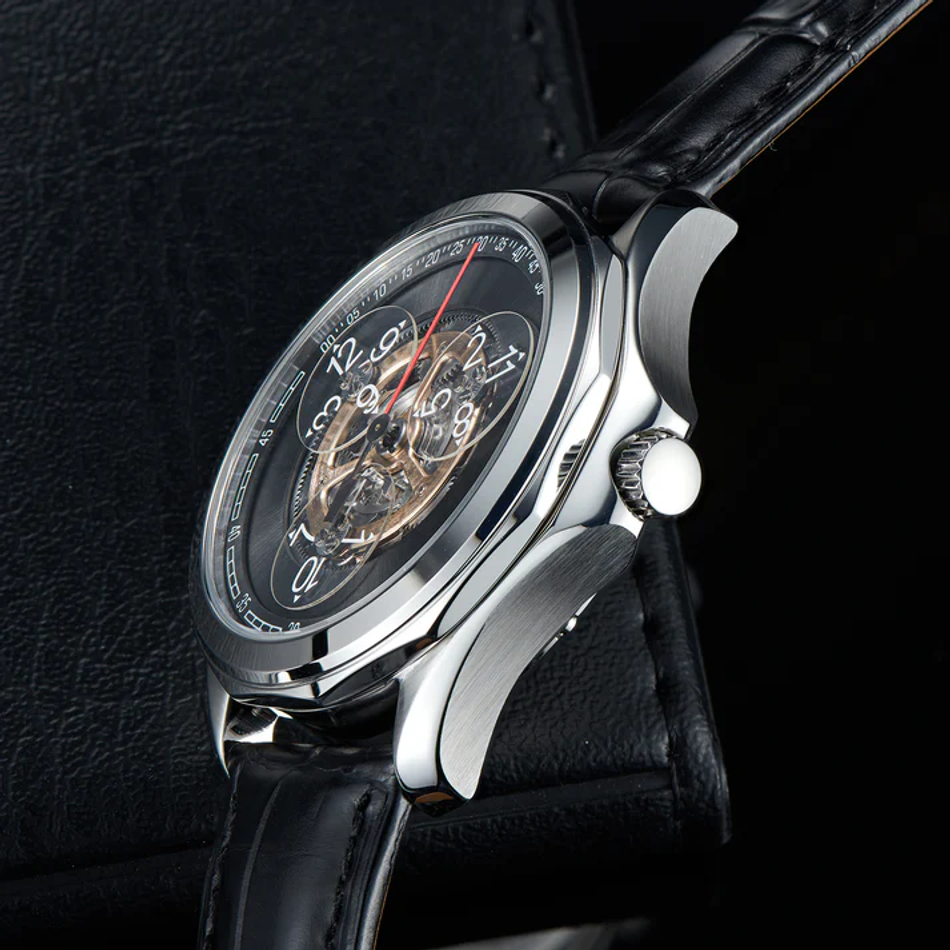 OBLVLO｜DK-STA-YBB｜銀框黑面 鏤空機械腕錶 黑色皮革錶帶 男錶右側細節