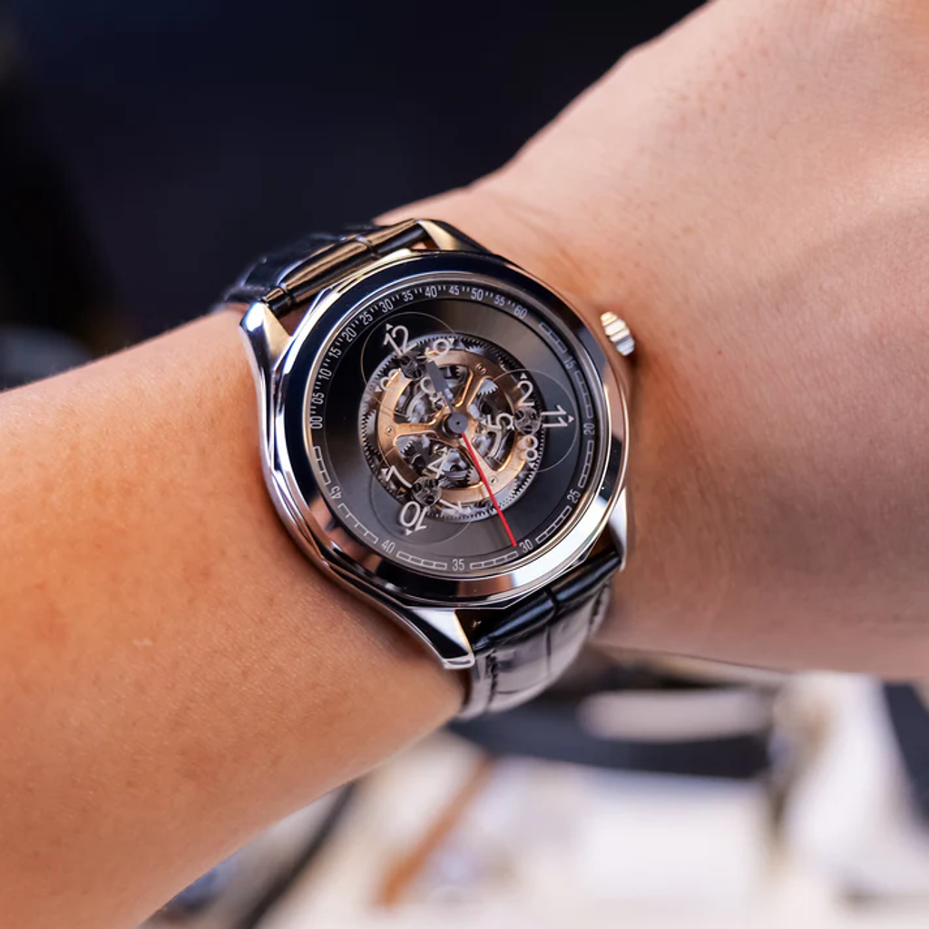 OBLVLO｜DK-STA-YBB｜銀框黑面 鏤空機械腕錶 黑色皮革錶帶 男錶實戴展示