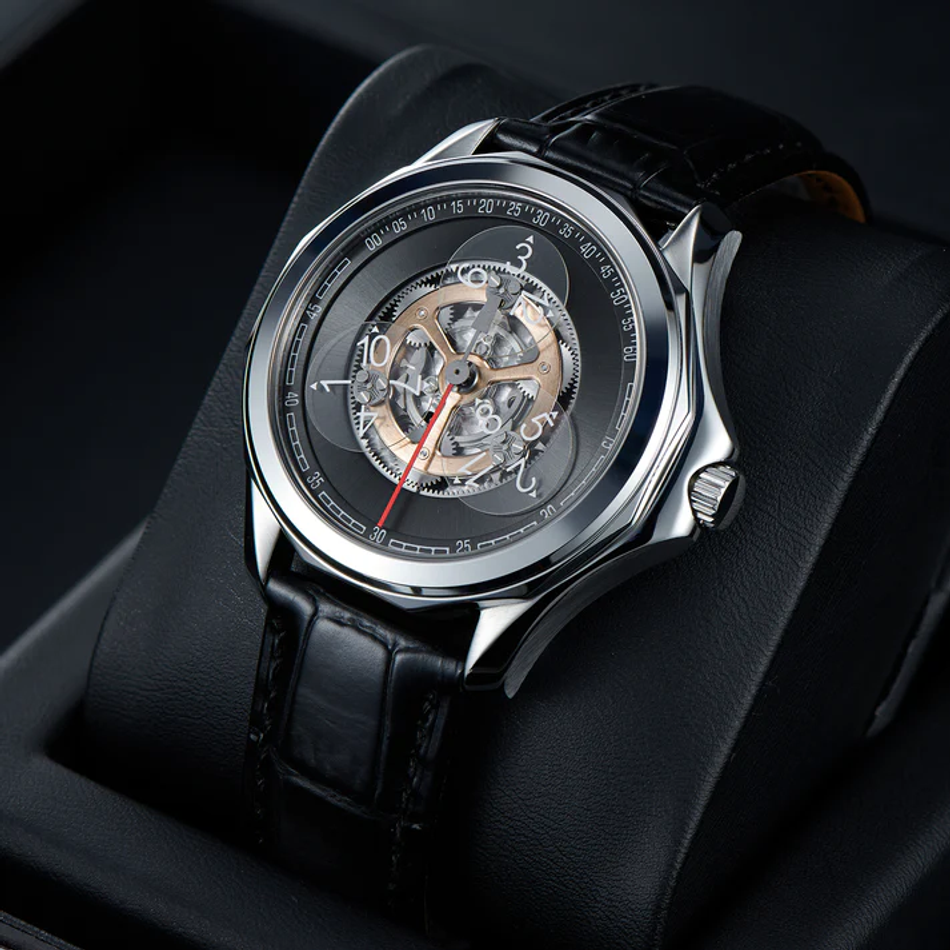 OBLVLO｜DK-STA-YBB｜銀框黑面 鏤空機械腕錶 黑色皮革錶帶 男錶側面