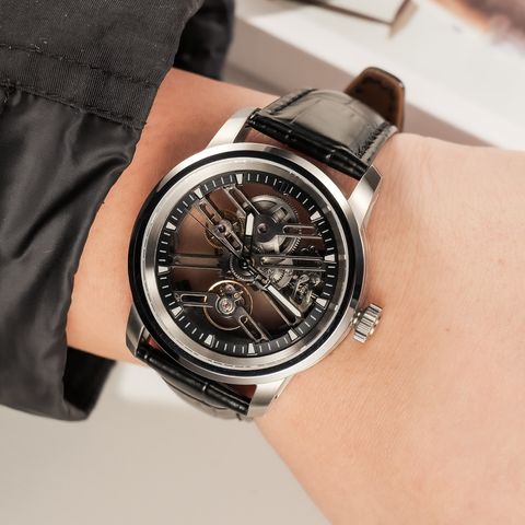 OBLVLO｜OBL-KM-YBBL｜銀框 鏤空機械腕錶 黑色皮革錶帶 男錶實戴展示