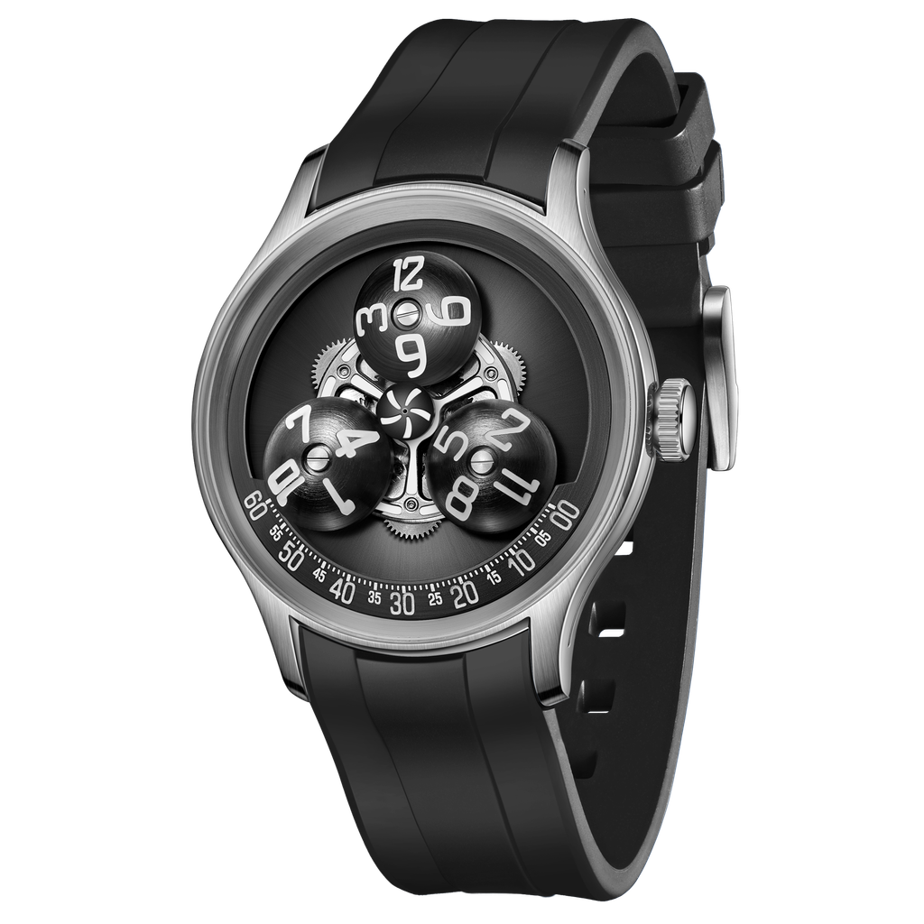 OBLVLO｜BLM-TRISOME-PSBR｜機械腕錶 黑色橡膠錶帶 科技感夜光男錶 正面