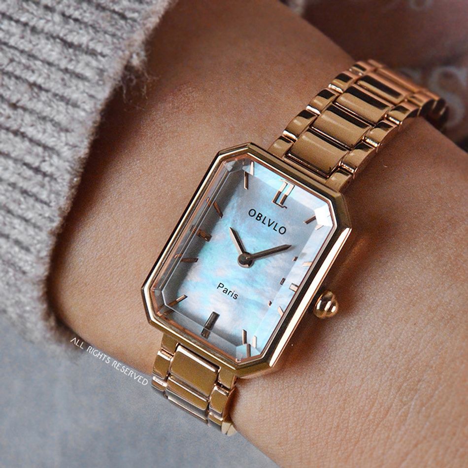 OBLVLO ｜LW-PWP｜玫瑰金框 白色貝殼面 不鏽鋼錶帶 女錶實戴細節