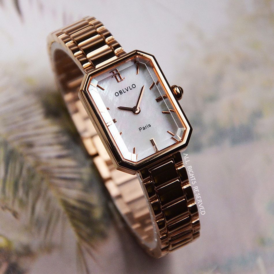OBLVLO ｜LW-PWP｜玫瑰金框 白色貝殼面 不鏽鋼錶帶 女錶側面展示