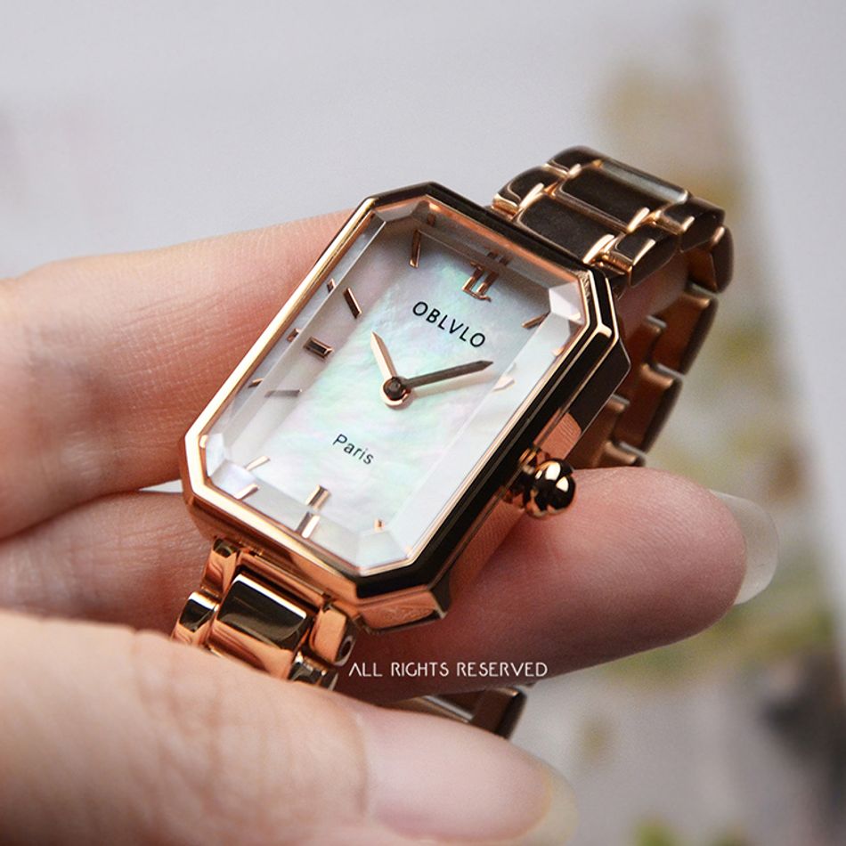 OBLVLO ｜LW-PWP｜玫瑰金框 白色貝殼面 不鏽鋼錶帶 女錶錶面細節展示