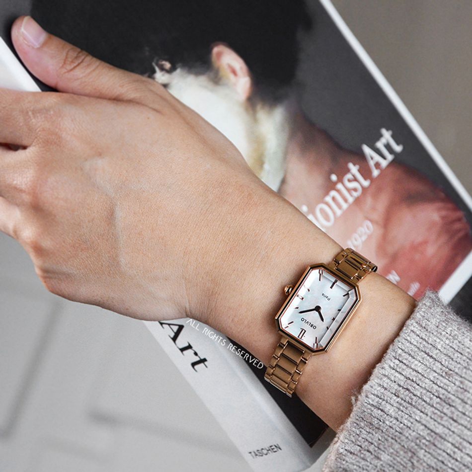 OBLVLO ｜LW-PWP｜玫瑰金框 白色貝殼面 不鏽鋼錶帶 女錶實戴展示