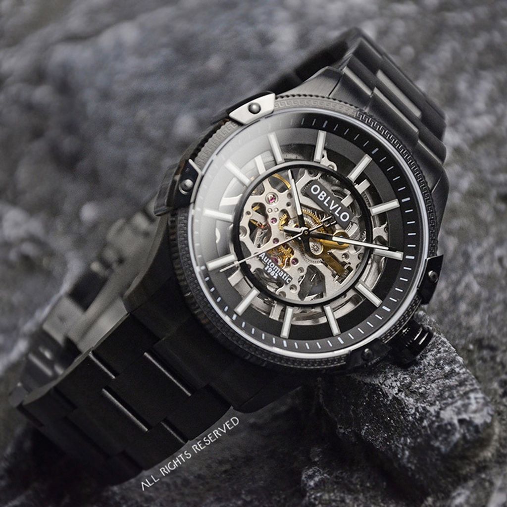 OBLVLO｜CAM-AR-SK-BBB｜黑色鏤空機械腕錶 不鏽鋼錶帶側面展示