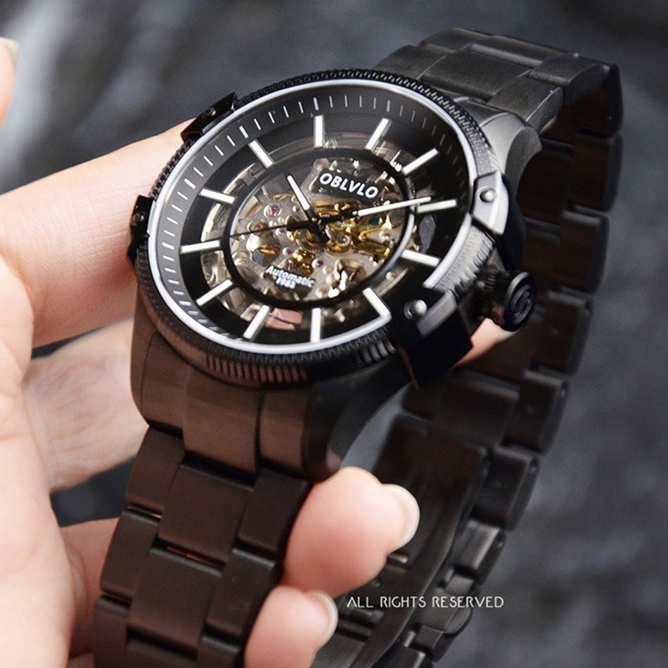 OBLVLO｜CAM-AR-SK-BBB｜黑色鏤空機械腕錶 不鏽鋼錶帶錶面細節展示