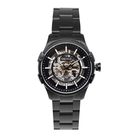 OBLVLO｜CAM-AR-SK-BBB｜黑色鏤空機械腕錶 不鏽鋼錶帶正面