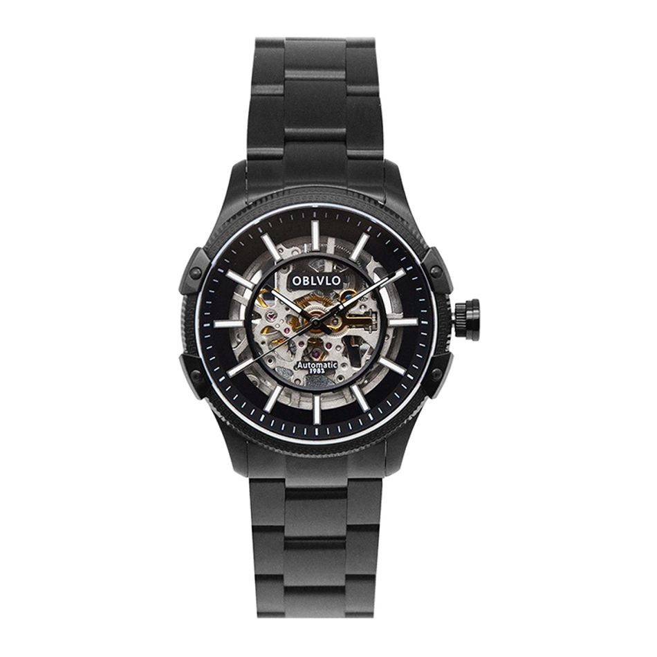OBLVLO｜CAM-AR-SK-BBB｜黑色鏤空機械腕錶 不鏽鋼錶帶正面