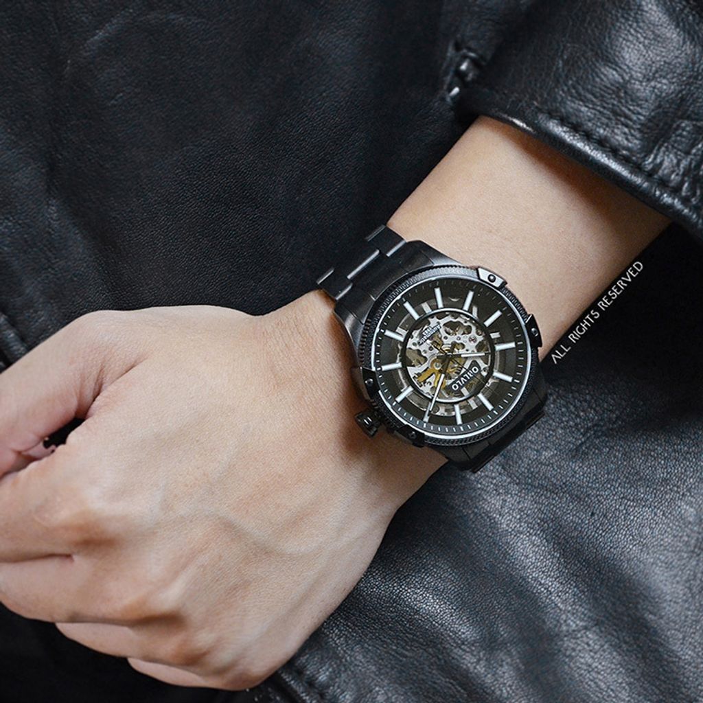 OBLVLO｜CAM-AR-SK-BBB｜黑色鏤空機械腕錶 不鏽鋼錶帶實戴展示