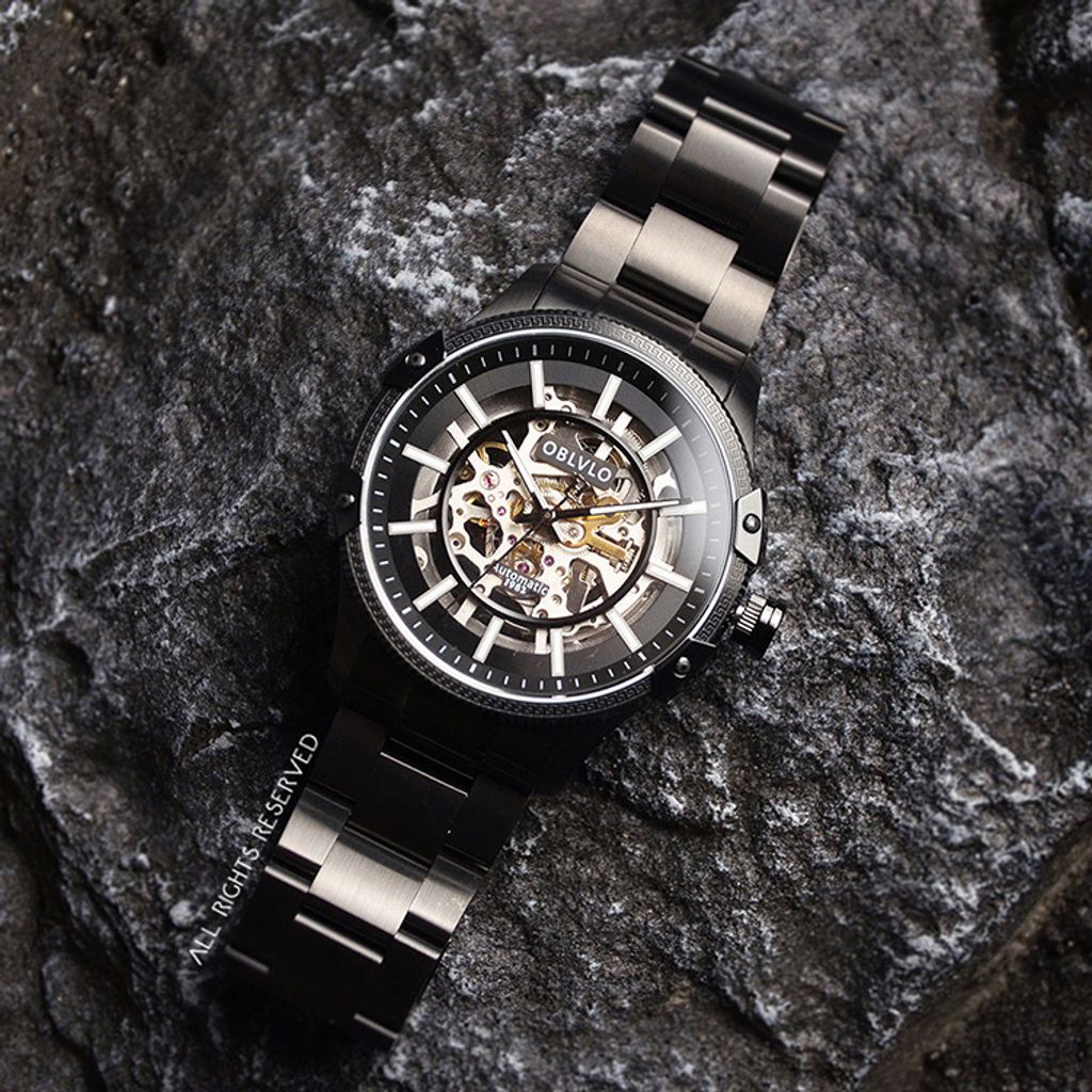 OBLVLO｜CAM-AR-SK-BBB｜黑色鏤空機械腕錶 不鏽鋼錶帶正面平攤