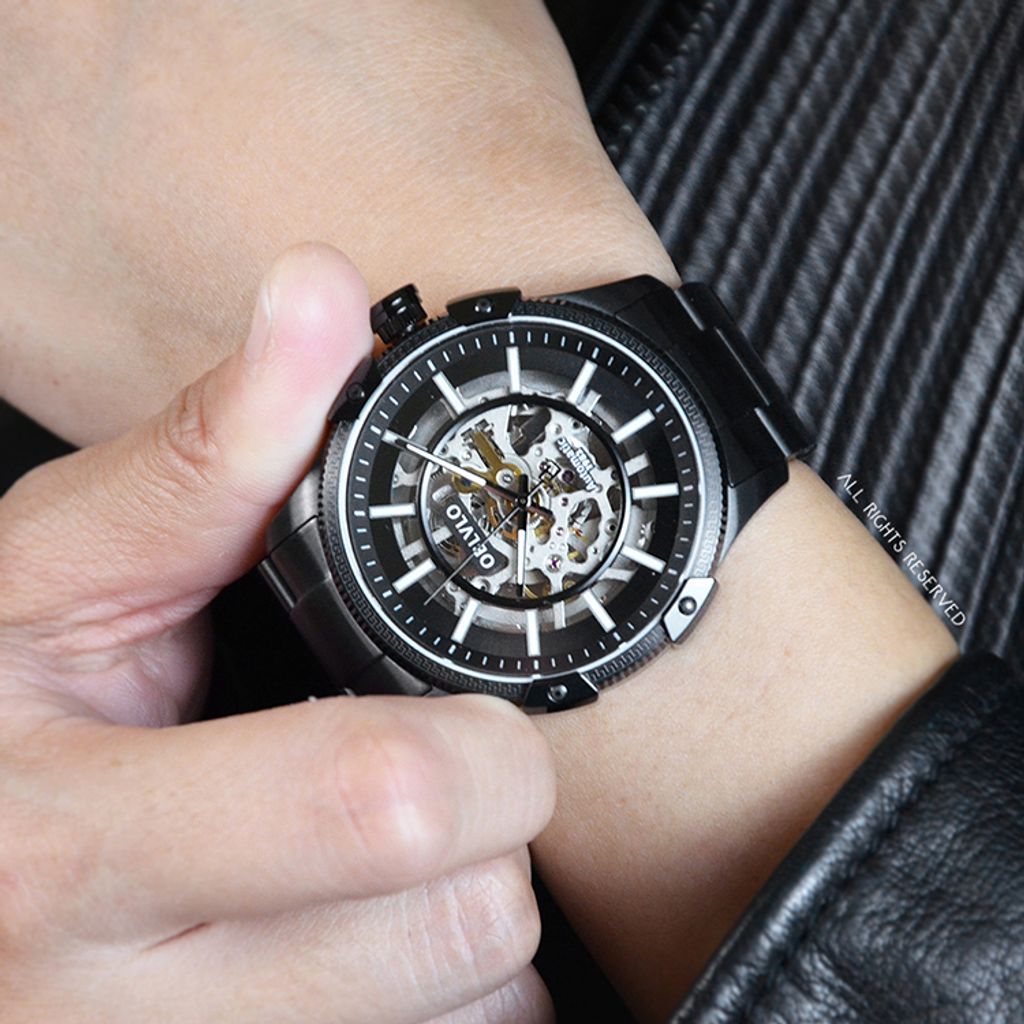 OBLVLO｜CAM-AR-SK-BBB｜黑色鏤空機械腕錶 不鏽鋼錶帶實戴細節