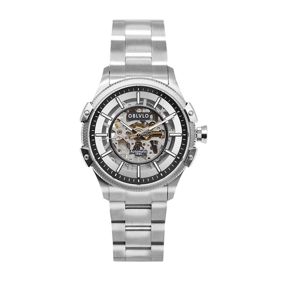 OBLVLO ｜CAM-AR-SK-YBY｜銀色鏤空機械腕錶 不鏽鋼錶帶正面