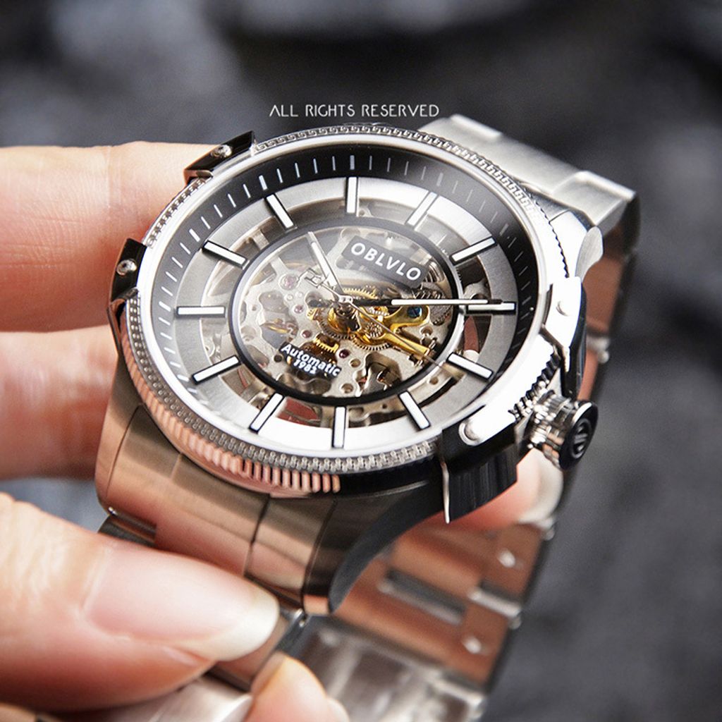 OBLVLO ｜CAM-AR-SK-YBY｜銀色鏤空機械腕錶 不鏽鋼錶帶錶面細節展示
