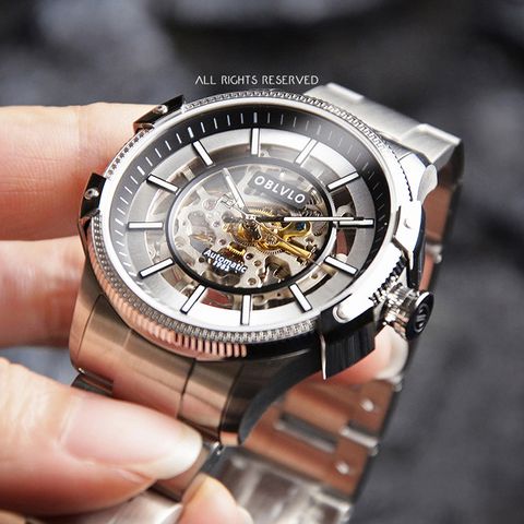 OBLVLO ｜CAM-AR-SK-YBY｜銀色鏤空機械腕錶 不鏽鋼錶帶錶面細節展示