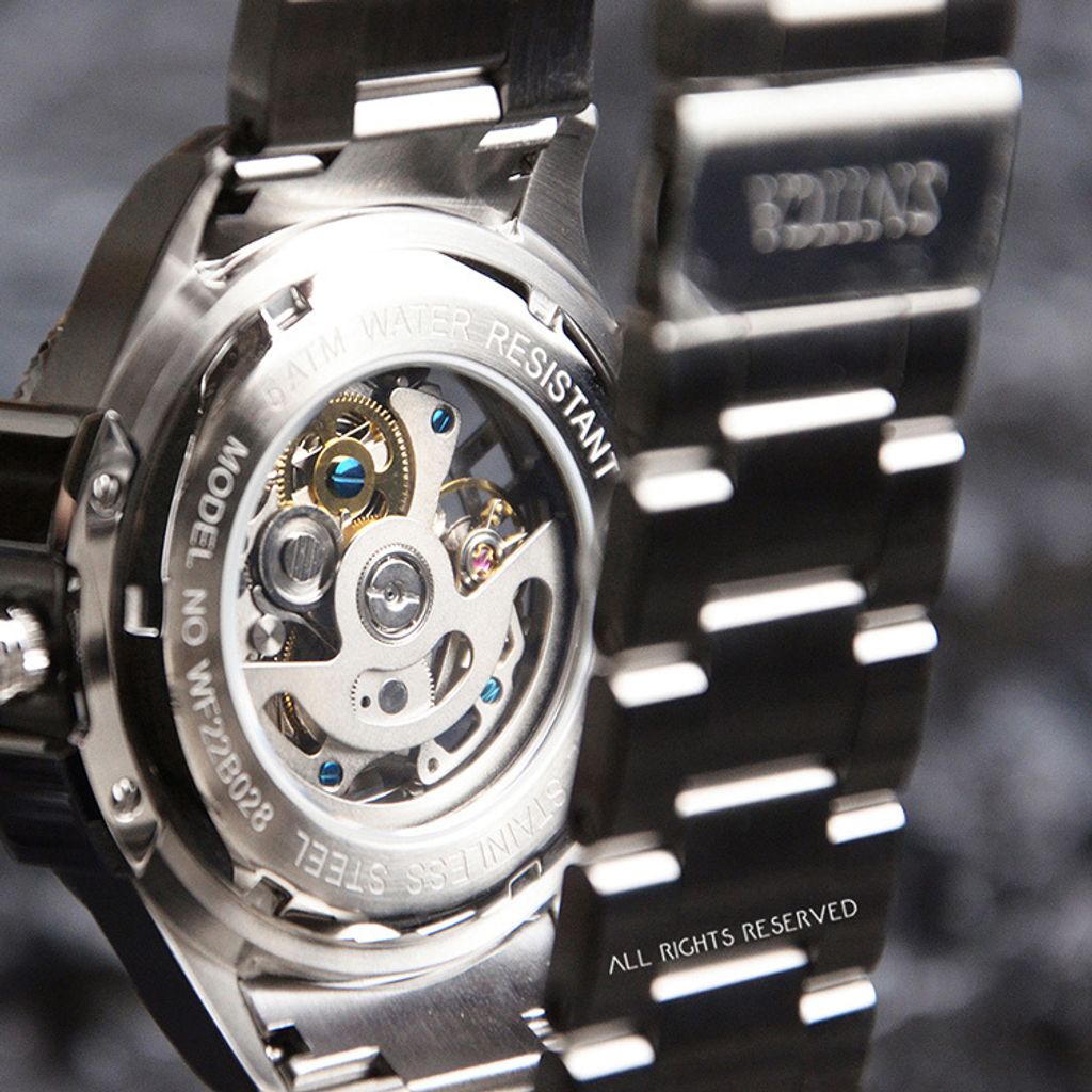 OBLVLO ｜CAM-AR-SK-YBY｜銀色鏤空機械腕錶 不鏽鋼錶帶背面展示