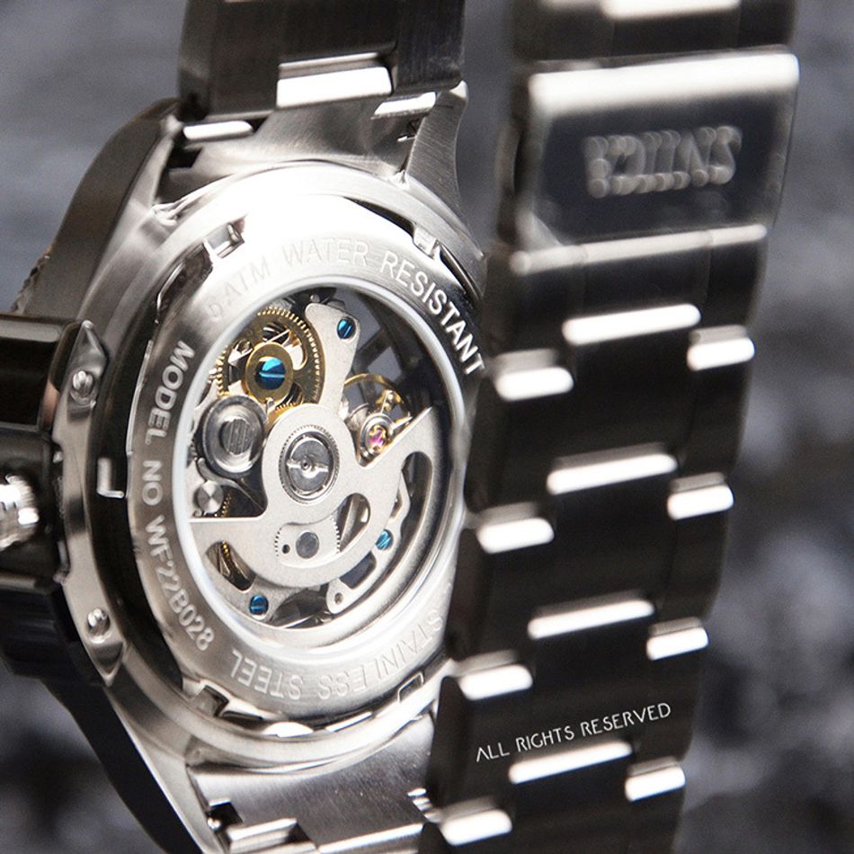 OBLVLO ｜CAM-AR-SK-YBY｜銀色鏤空機械腕錶 不鏽鋼錶帶背面展示