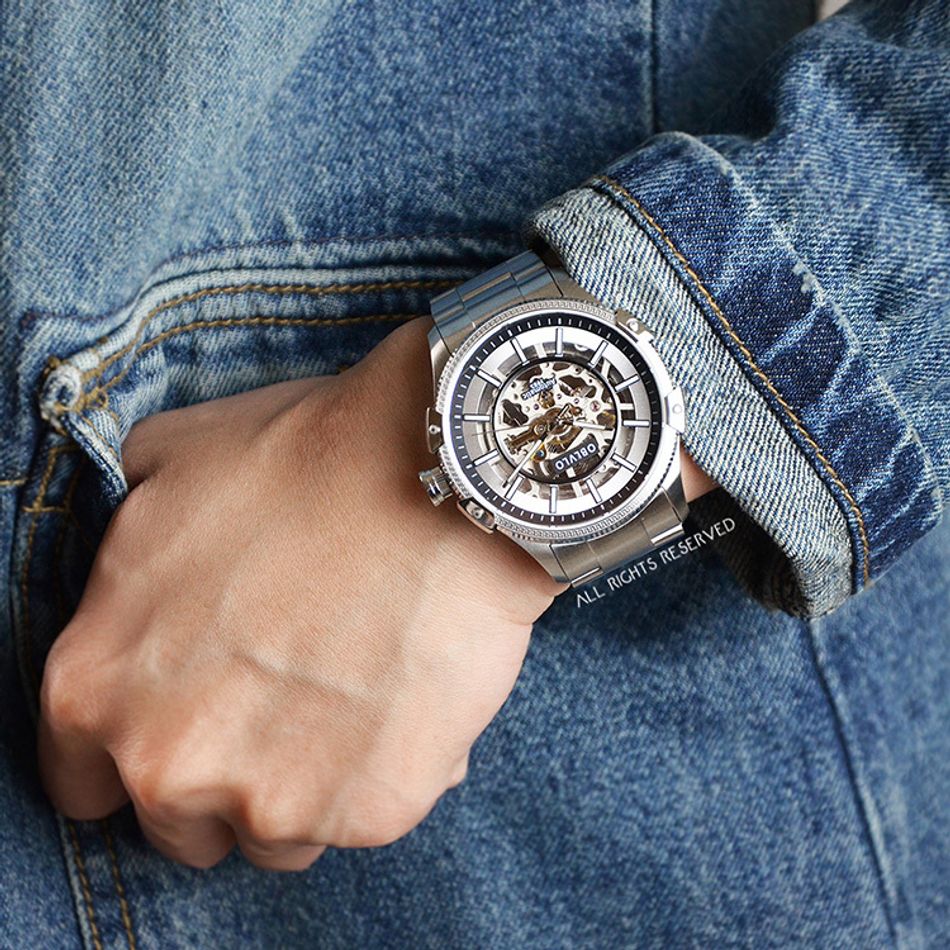 OBLVLO ｜CAM-AR-SK-YBY｜銀色鏤空機械腕錶 不鏽鋼錶帶實戴展示