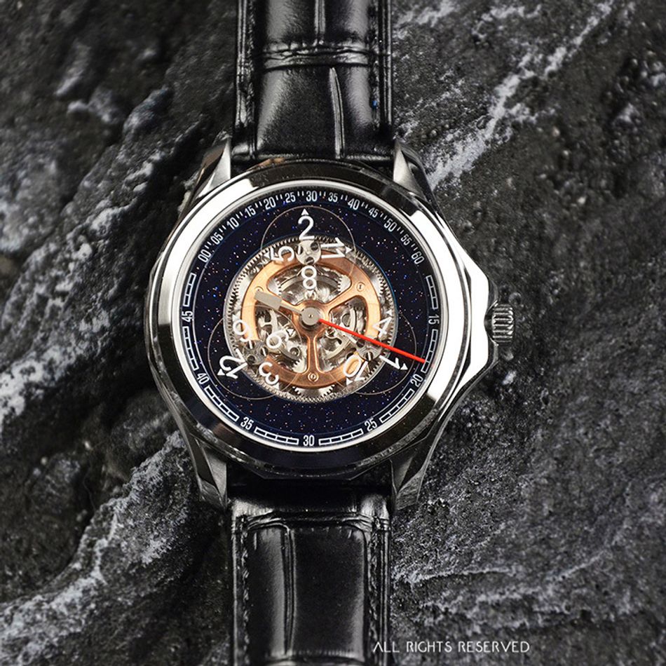 OBLVLO ｜DK-STA-YSB｜銀框星空面 星輪 自動上鍊機械腕錶 皮革錶帶錶面細節