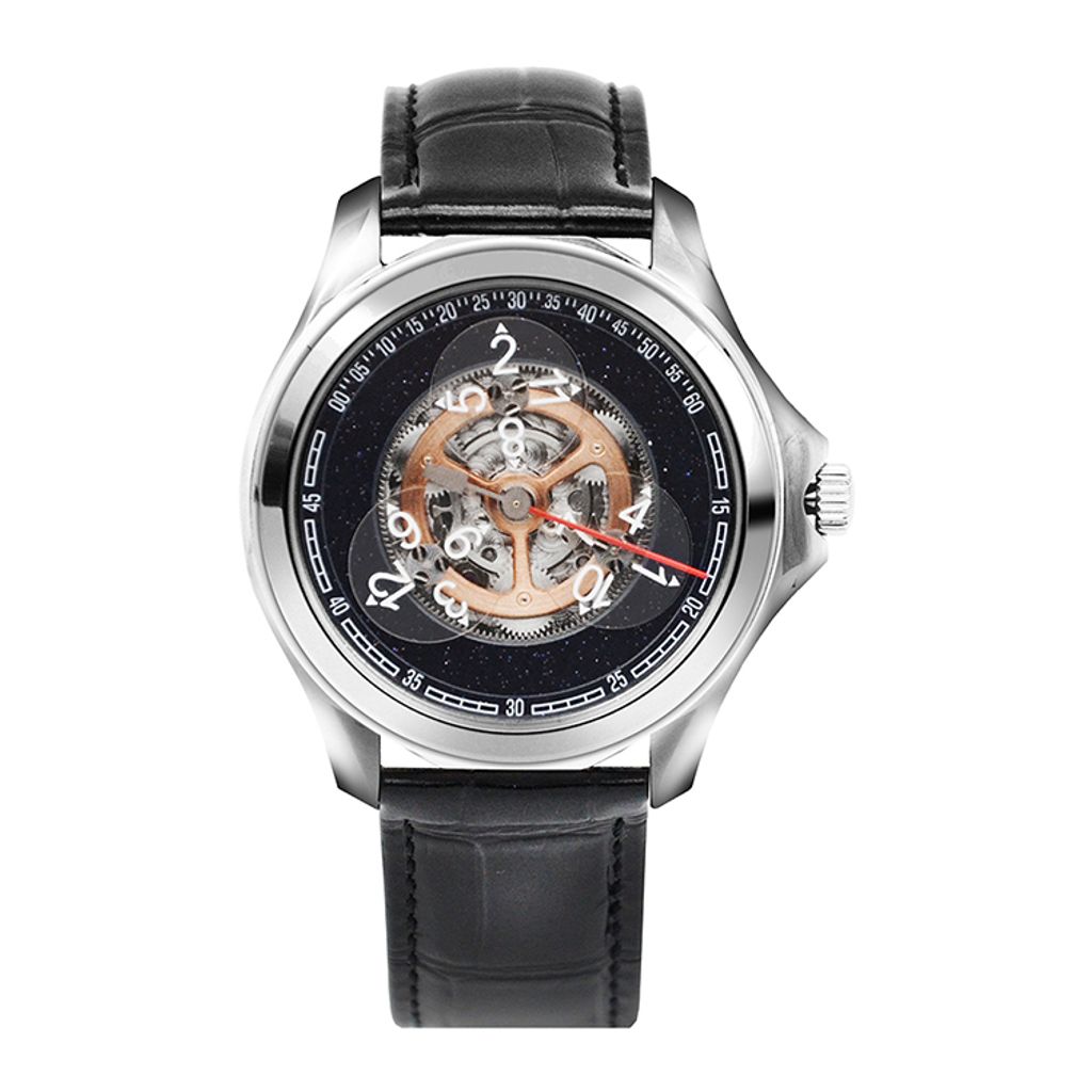 OBLVLO ｜DK-STA-YSB｜銀框星空面 星輪 自動上鍊機械腕錶 皮革錶帶正面