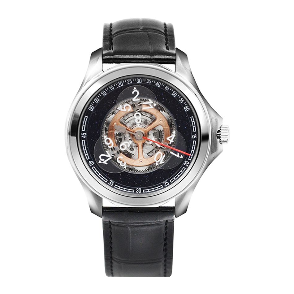 OBLVLO ｜DK-STA-YSB｜銀框星空面 星輪 自動上鍊機械腕錶 皮革錶帶正面