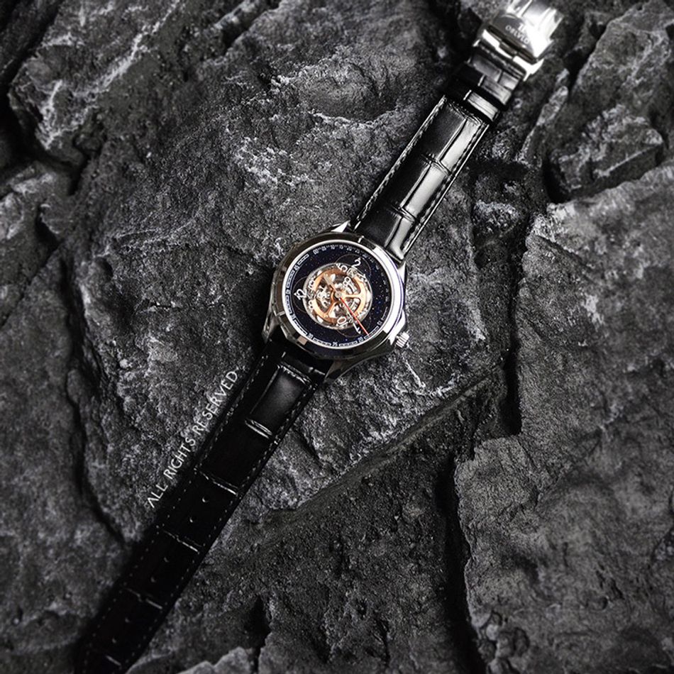 OBLVLO ｜DK-STA-YSB｜銀框星空面 星輪 自動上鍊機械腕錶 皮革錶帶平攤展示