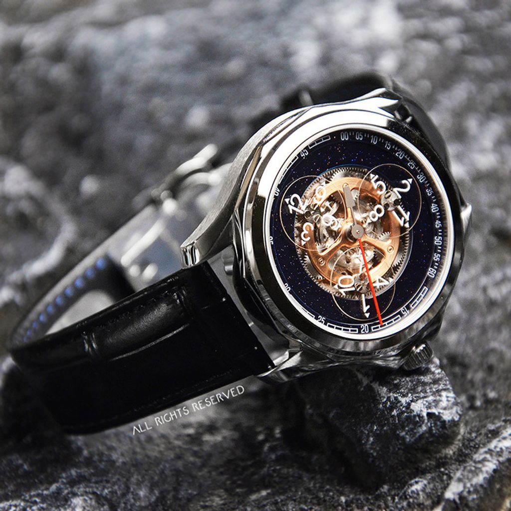 OBLVLO ｜DK-STA-YSB｜銀框星空面 星輪 自動上鍊機械腕錶 皮革錶帶側面展示