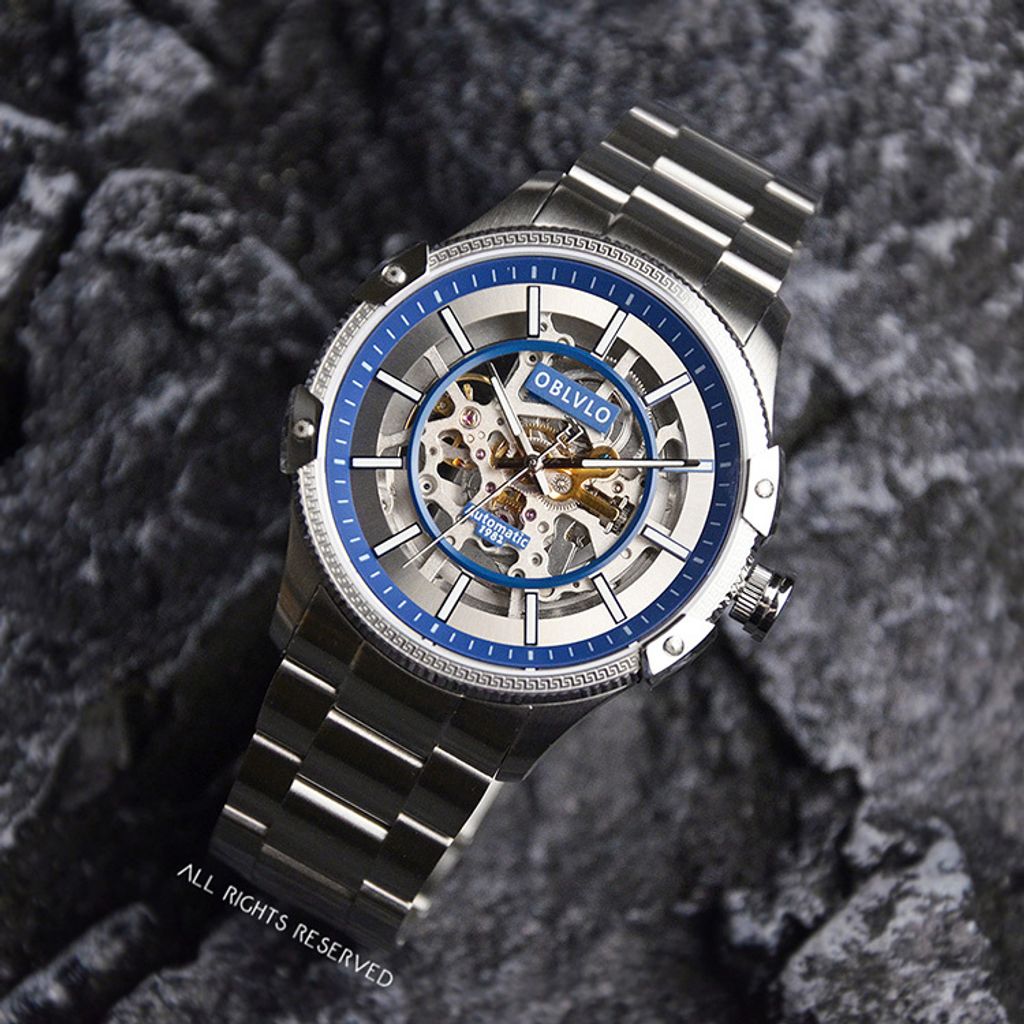 OBLVLO｜CAM-AR-SK-YLY｜銀+藍色鏤空機械腕錶 不鏽鋼錶帶右側展示