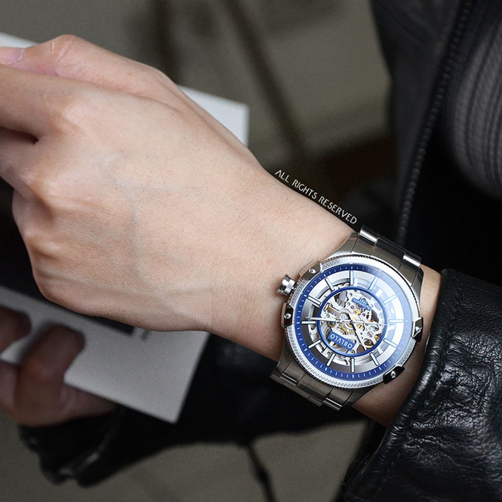 OBLVLO｜CAM-AR-SK-YLY｜銀+藍色鏤空機械腕錶 不鏽鋼錶帶實戴展示