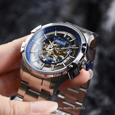 OBLVLO｜CAM-AR-SK-YLY｜銀+藍色鏤空機械腕錶 不鏽鋼錶帶錶面細節