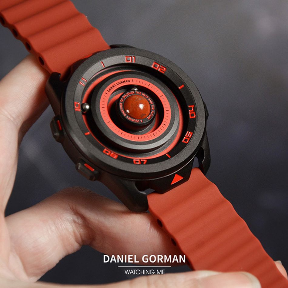 DANIEL GORMAN ｜萬有引力系列 DG0525KR｜火星款 磁吸指針 黑色框 紅色矽膠錶帶 正面細節