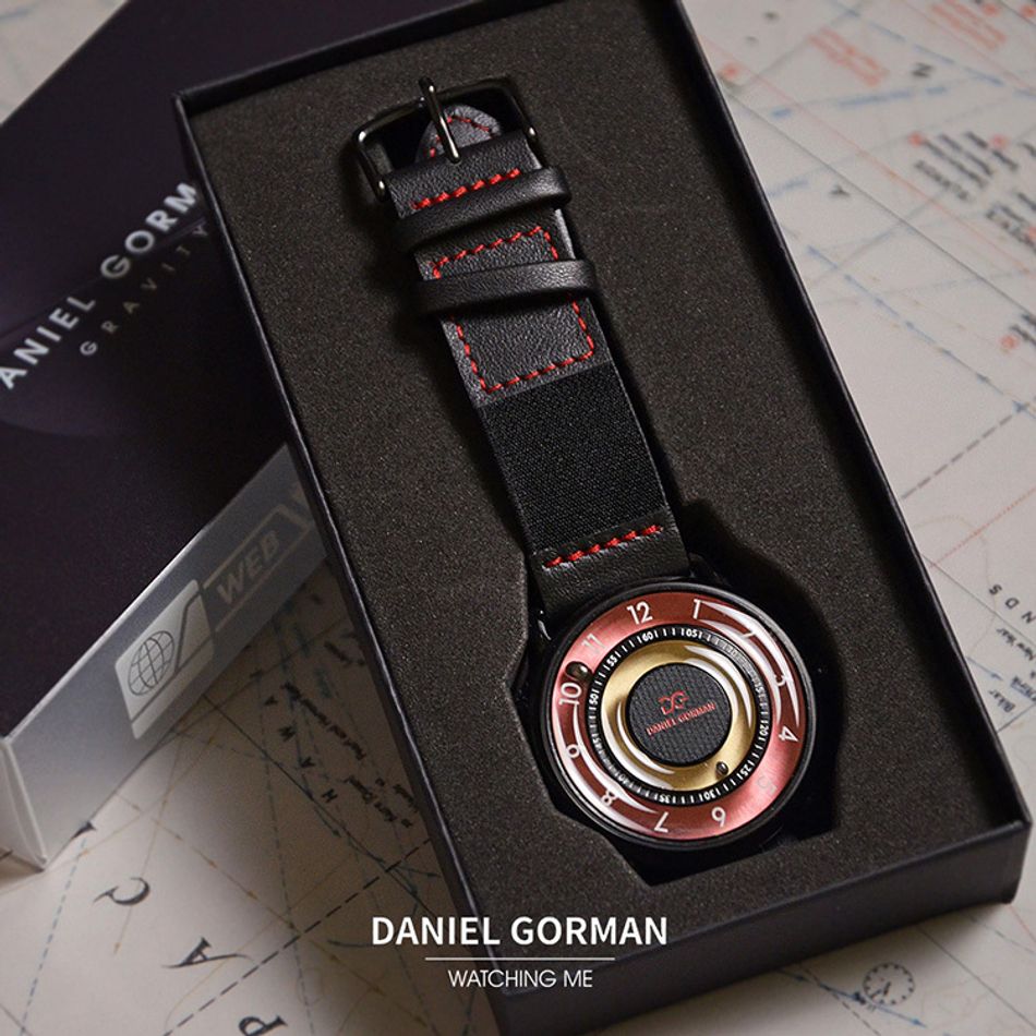 DANIEL GORMAN ｜DGY000KP｜粉黃色透明面 磁吸指針 黑色框 黑色鬆緊+皮革錶帶盒裝展示