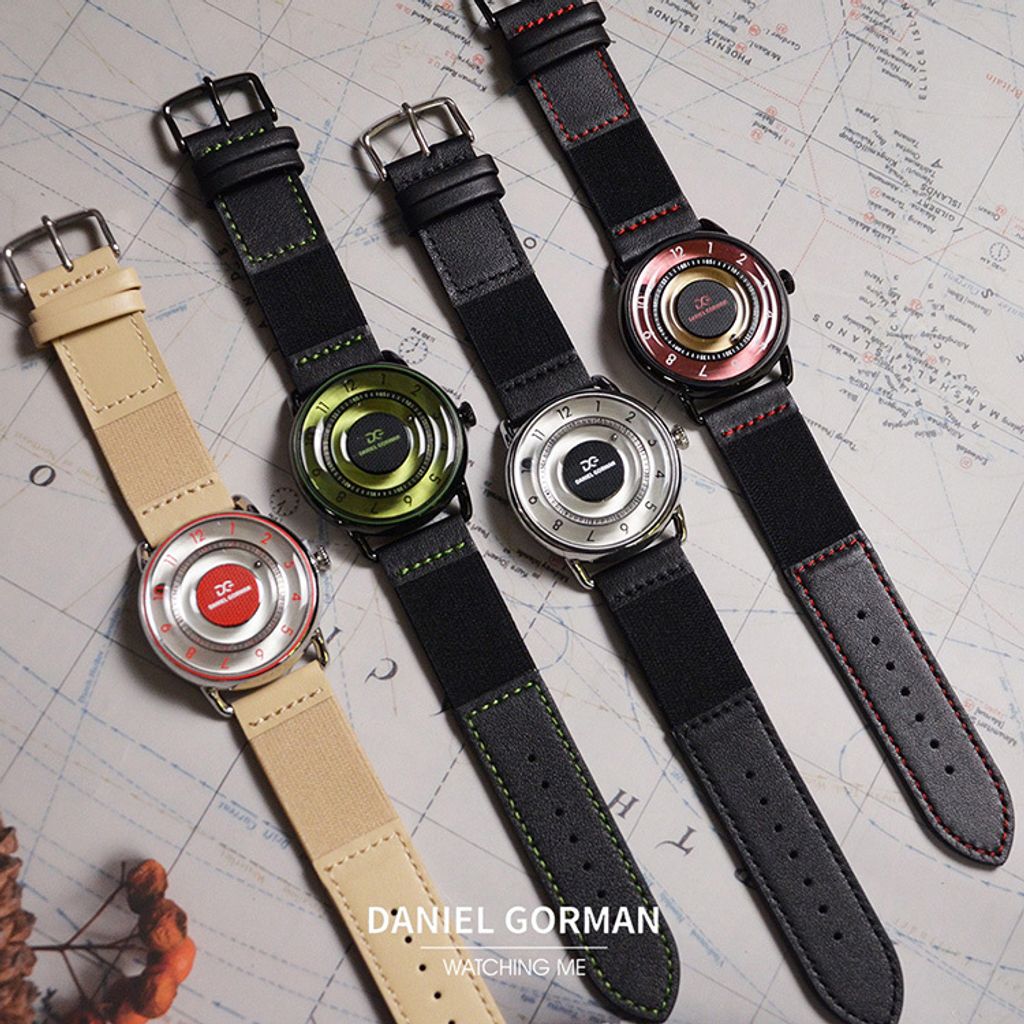 DANIEL GORMAN ｜DGY000RW｜白色透明面 紅色刻度 磁吸指針 銀色框 卡其色鬆緊+皮革錶帶系列圖